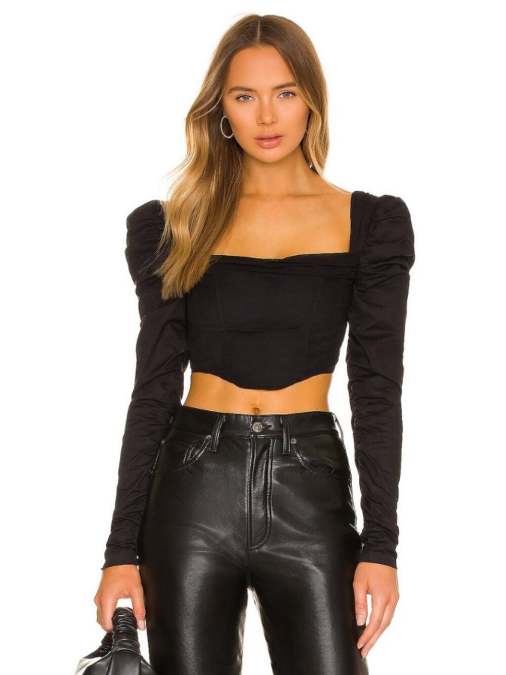 H:ours Mona Corset Puff Sleeve Top Black Size Medium Romantic Feminine Crop